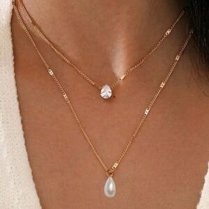 Delicate Gold Layered Freshwater Pearl & CZ Diamond Necklace Set